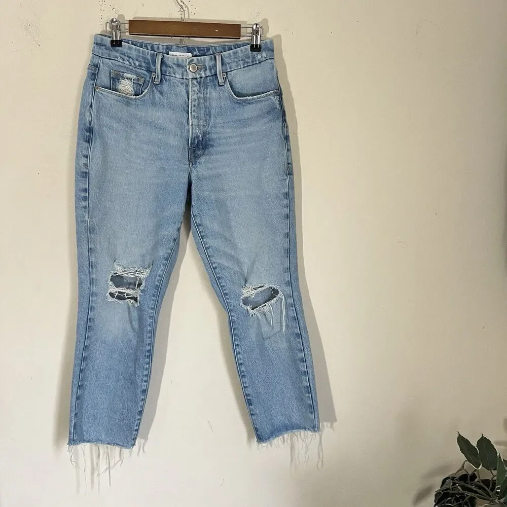 Good American Good Girlfriend Distressed Jeans Light Wash Blue High Rise 4/27 - Picture 2 of 7